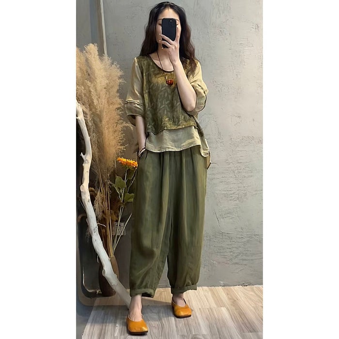 2238 # Fashionable Cotton And Linen Suit For Women 2023 Style Printed Splicing Top Harem Pants Slimming Look Two-Piece Set - Image 1
